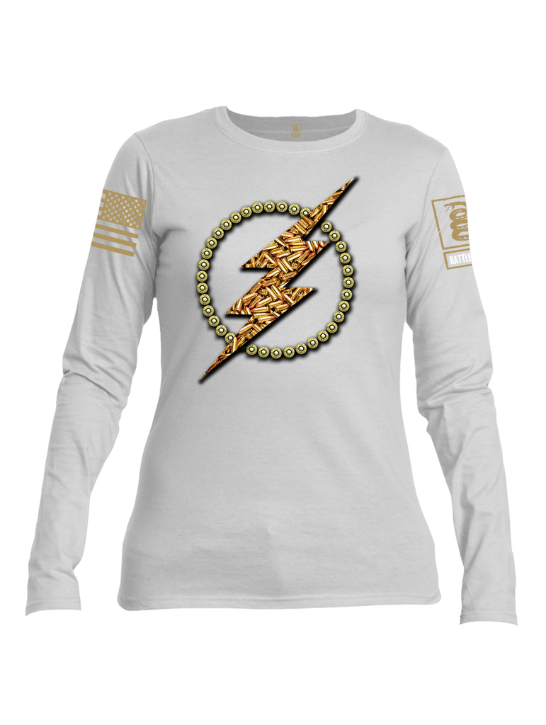 Battleraddle Bullet Lightning Bolt Brass Sleeve Print Womens Cotton Long Sleeve Crew Neck T Shirt