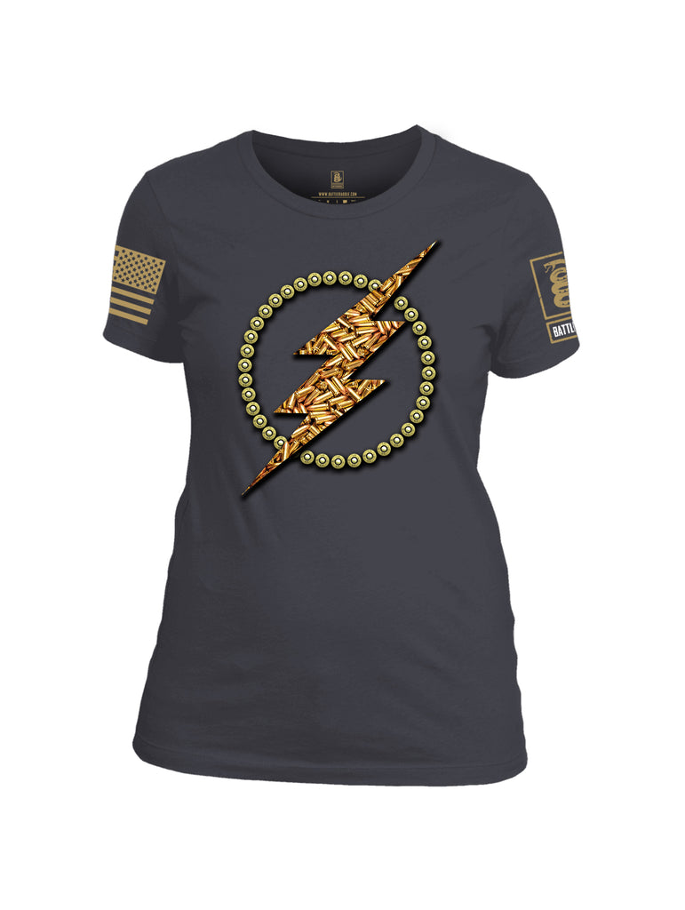 Battleraddle Bullet Lightning Bolt Brass Sleeve Print Womens Cotton Crew Neck T Shirt