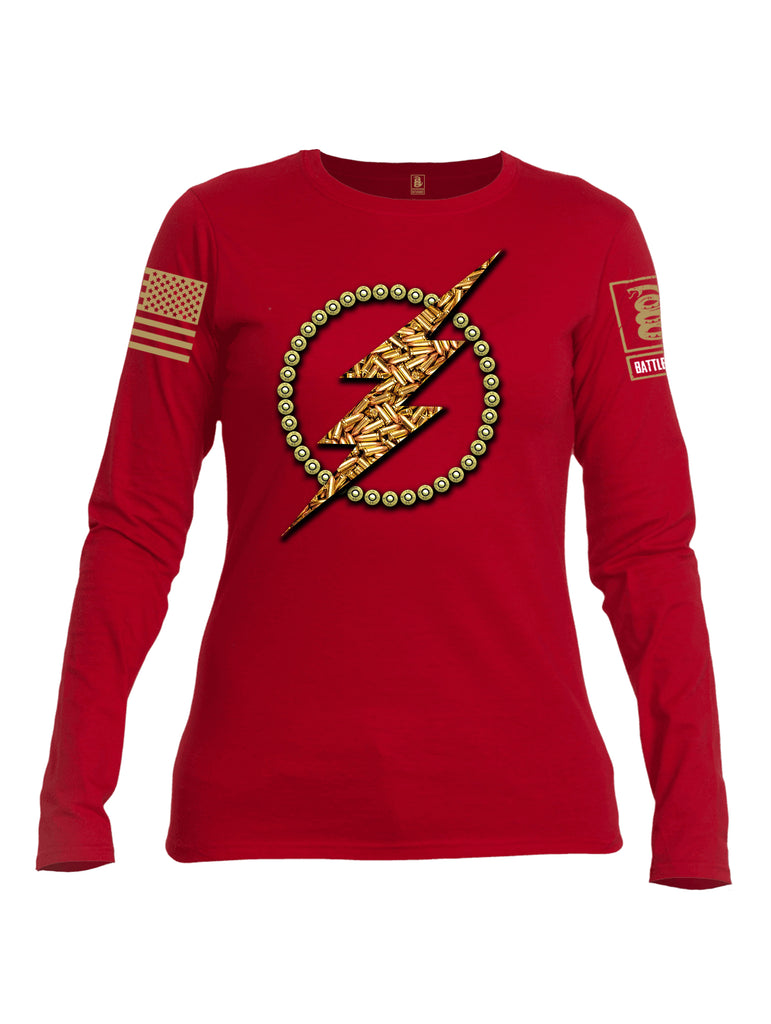 Battleraddle Bullet Lightning Bolt Brass Sleeve Print Womens Cotton Long Sleeve Crew Neck T Shirt