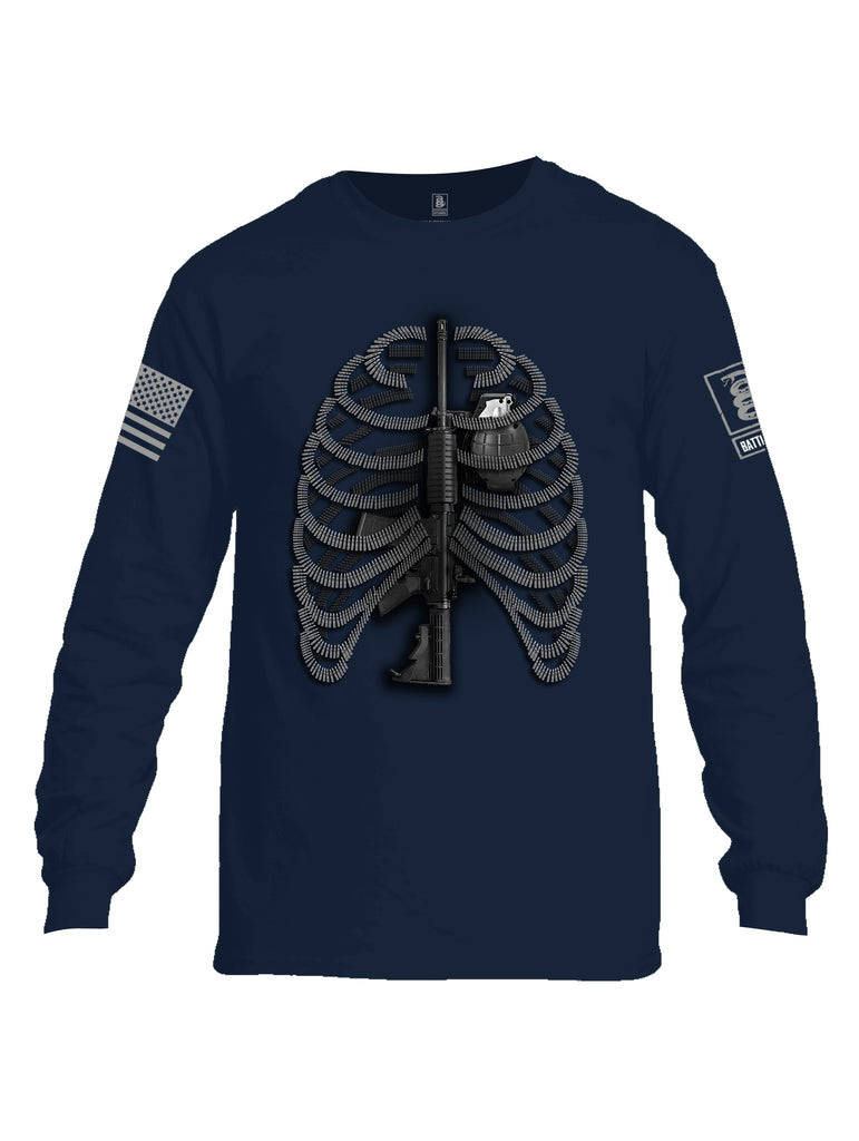 Battleraddle Bullet Ribs Gun Spine Grenade Heart Grey Sleeve Print Mens Cotton Long Sleeve Crew Neck T Shirt