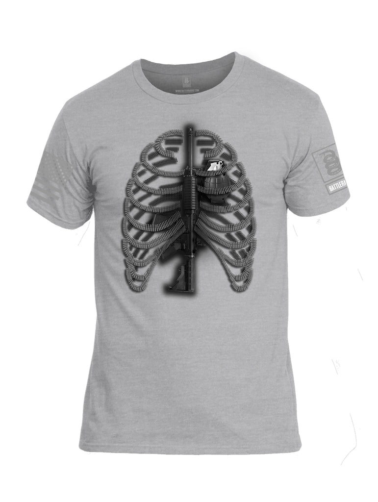 Battleraddle Bullet Ribs Gun Spine Grenade Heart Grey Sleeve Print Mens Cotton Crew Neck T Shirt