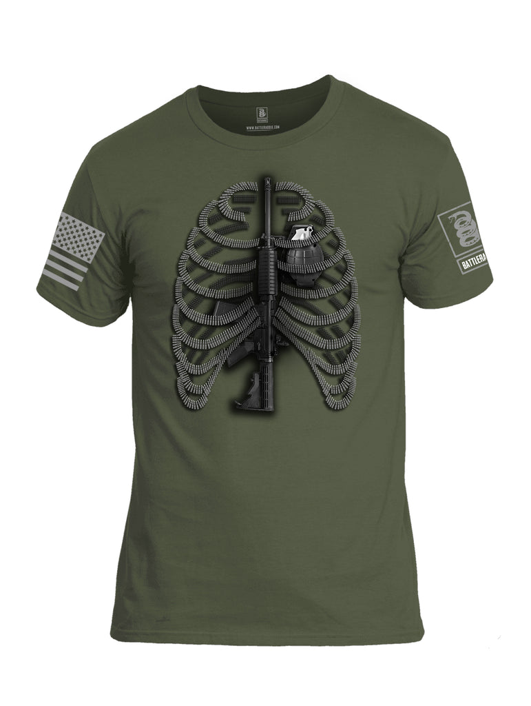 Battleraddle Bullet Ribs Gun Spine Grenade Heart Grey Sleeve Print Mens Cotton Crew Neck T Shirt