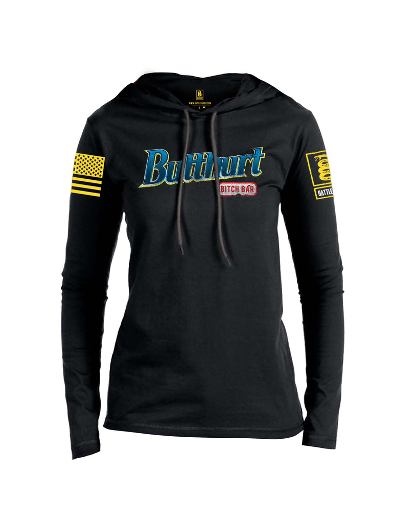 Battleraddle Butthurt Bitch Bar Yellow Sleeve Print Womens Thin Cotton Lightweight Hoodie