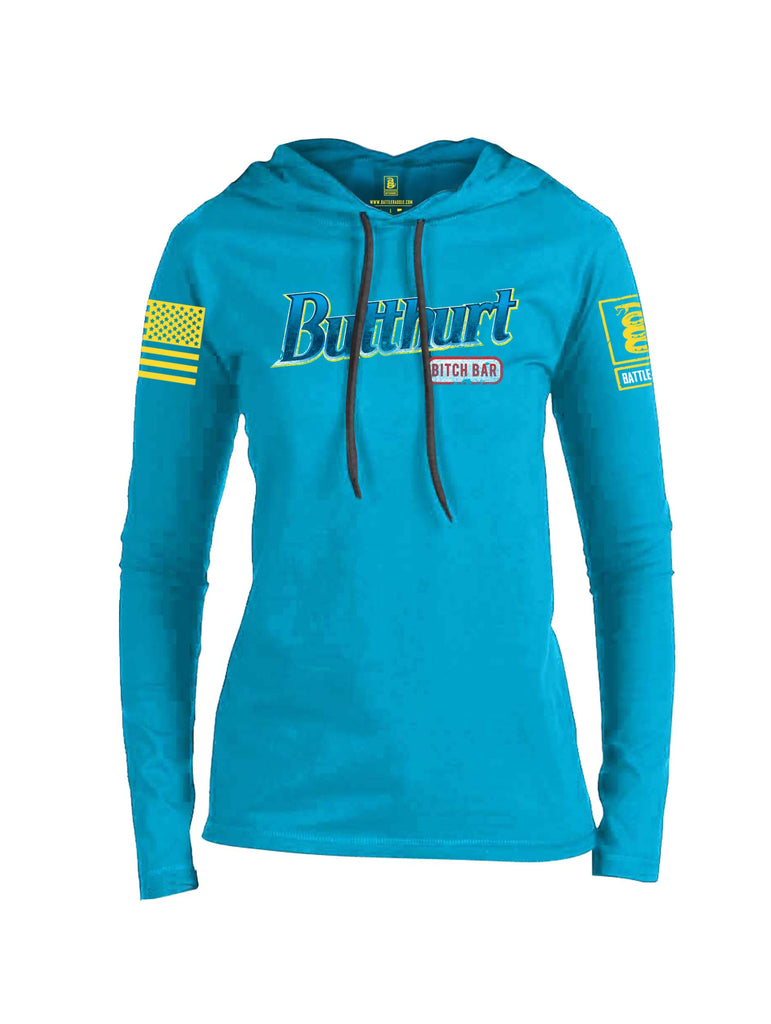 Battleraddle Butthurt Bitch Bar Yellow Sleeve Print Womens Thin Cotton Lightweight Hoodie