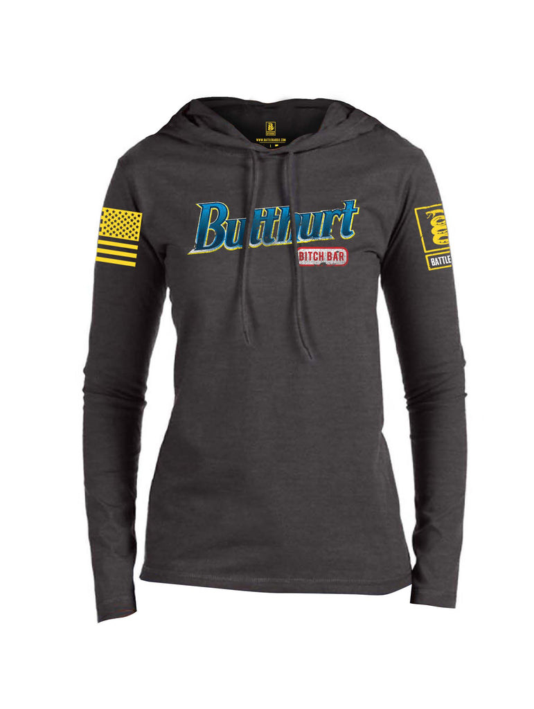 Battleraddle Butthurt Bitch Bar Yellow Sleeve Print Womens Thin Cotton Lightweight Hoodie