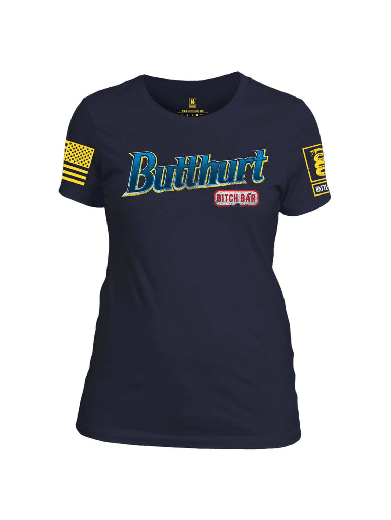 Battleraddle Butthurt Bitch Bar Yellow Sleeve Print Womens Cotton Crew Neck T Shirt