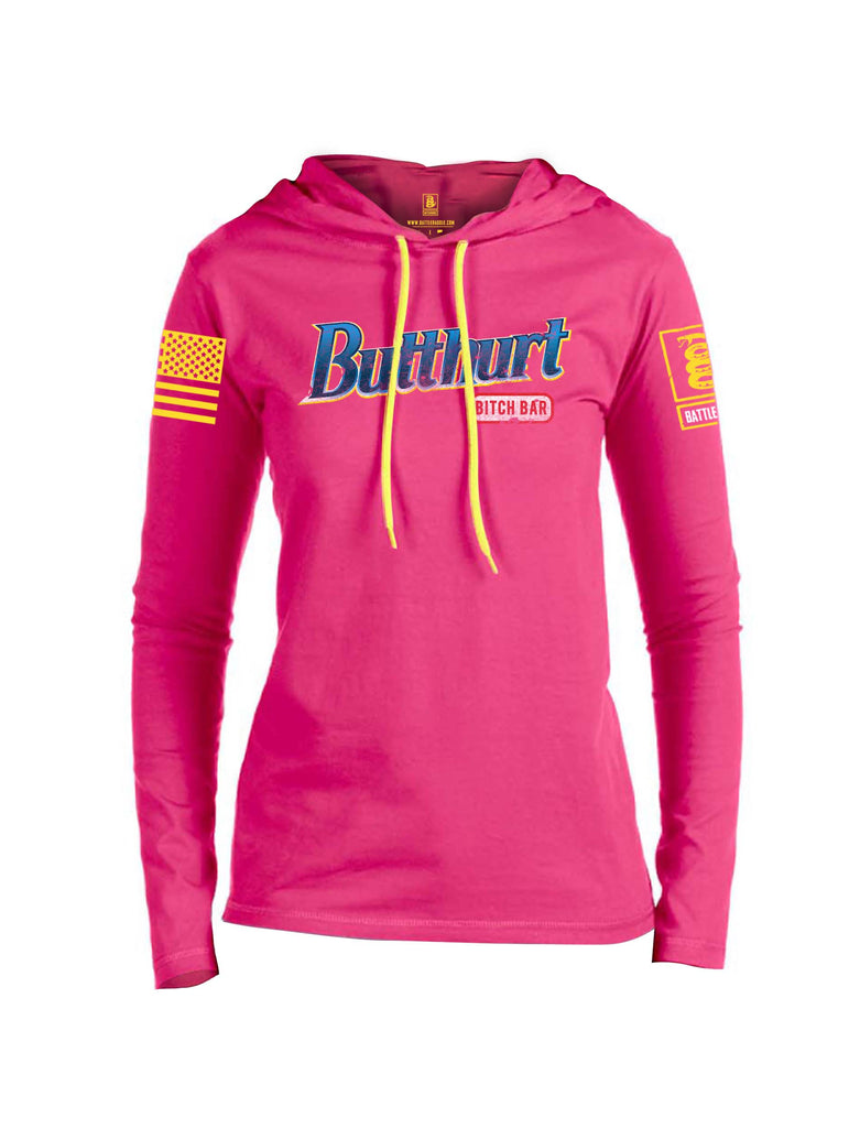 Battleraddle Butthurt Bitch Bar Yellow Sleeve Print Womens Thin Cotton Lightweight Hoodie