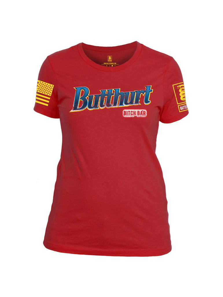 Battleraddle Butthurt Bitch Bar Yellow Sleeve Print Womens Cotton Crew Neck T Shirt
