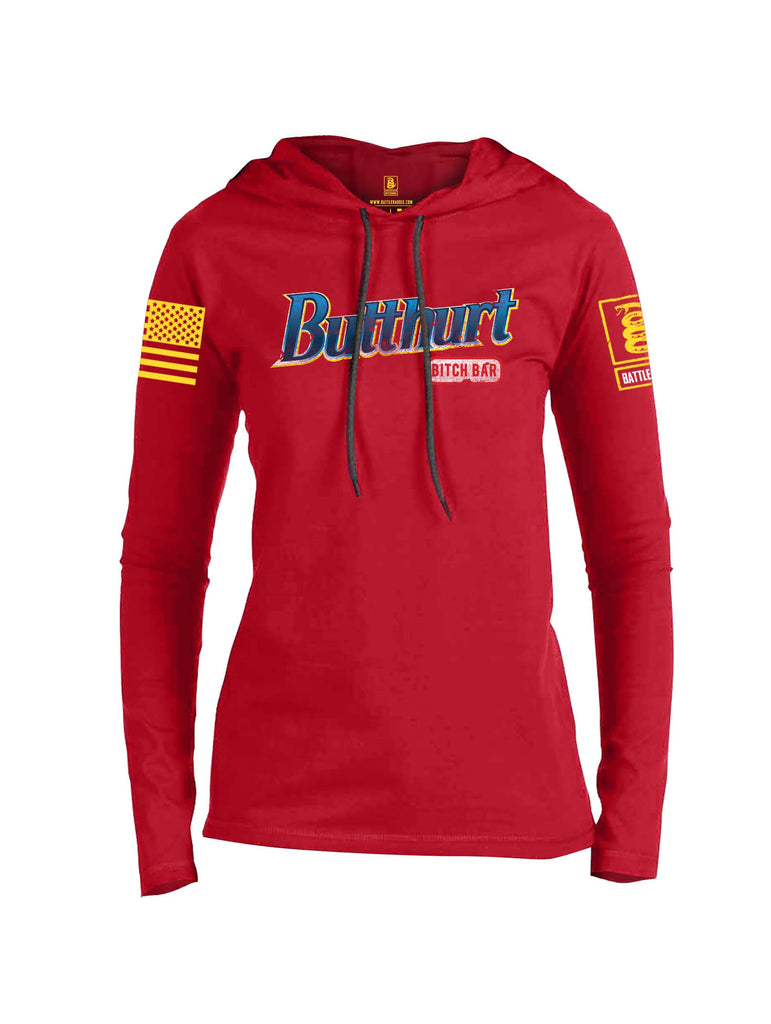 Battleraddle Butthurt Bitch Bar Yellow Sleeve Print Womens Thin Cotton Lightweight Hoodie