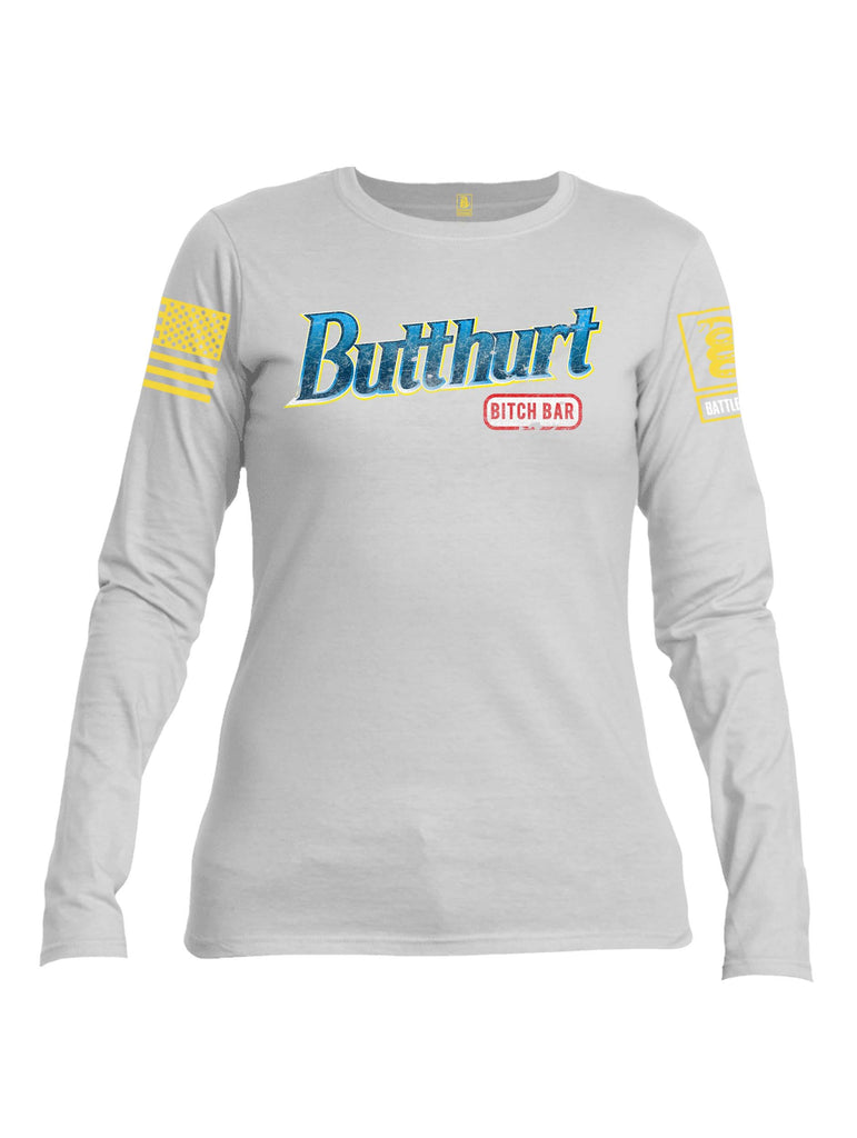 Battleraddle Butthurt Bitch Bar Yellow Sleeve Print Womens Cotton Long Sleeve Crew Neck T Shirt