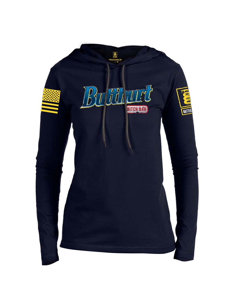 Battleraddle Butthurt Bitch Bar Yellow Sleeve Print Womens Thin Cotton Lightweight Hoodie