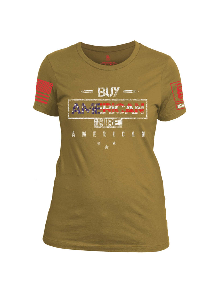 Battleraddle Buy American Hire American Red Sleeve Print Womens Cotton Crew Neck T Shirt