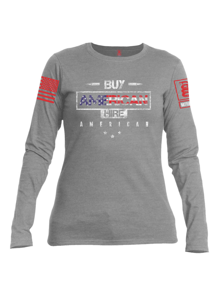 Battleraddle Buy American Hire American Red Sleeve Print Womens Cotton Long Sleeve Crew Neck T Shirt
