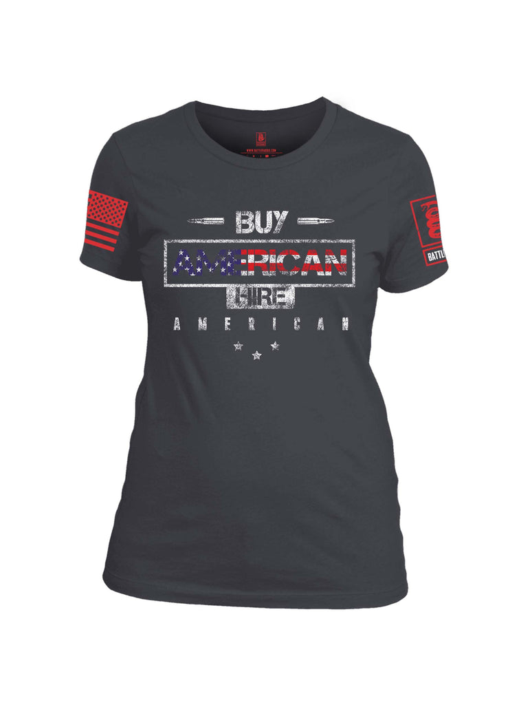 Battleraddle Buy American Hire American Red Sleeve Print Womens Cotton Crew Neck T Shirt