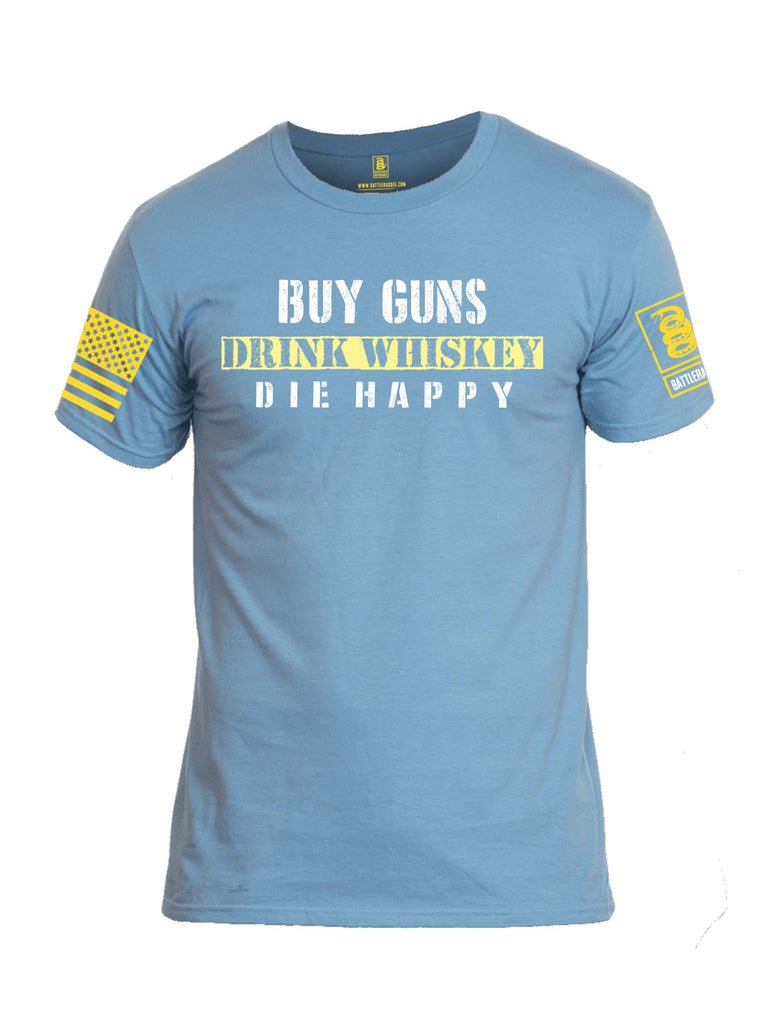 Battleraddle Buy Guns Drink Whiskey Die Happy Yellow Sleeve Print Mens Cotton Crew Neck T Shirt