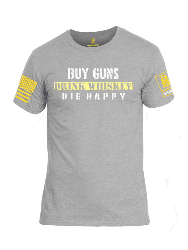 Battleraddle Buy Guns Drink Whiskey Die Happy Yellow Sleeve Print Mens Cotton Crew Neck T Shirt