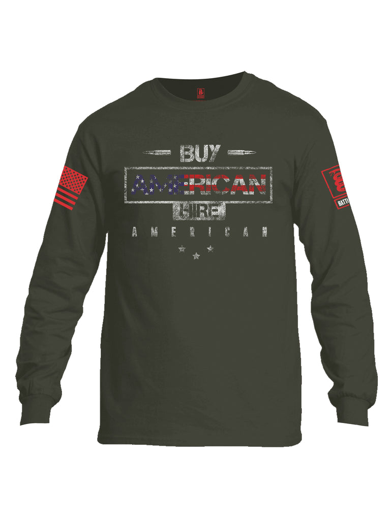 Battleraddle Buy American Hire American Red Sleeve Print Mens Cotton Long Sleeve Crew Neck T Shirt