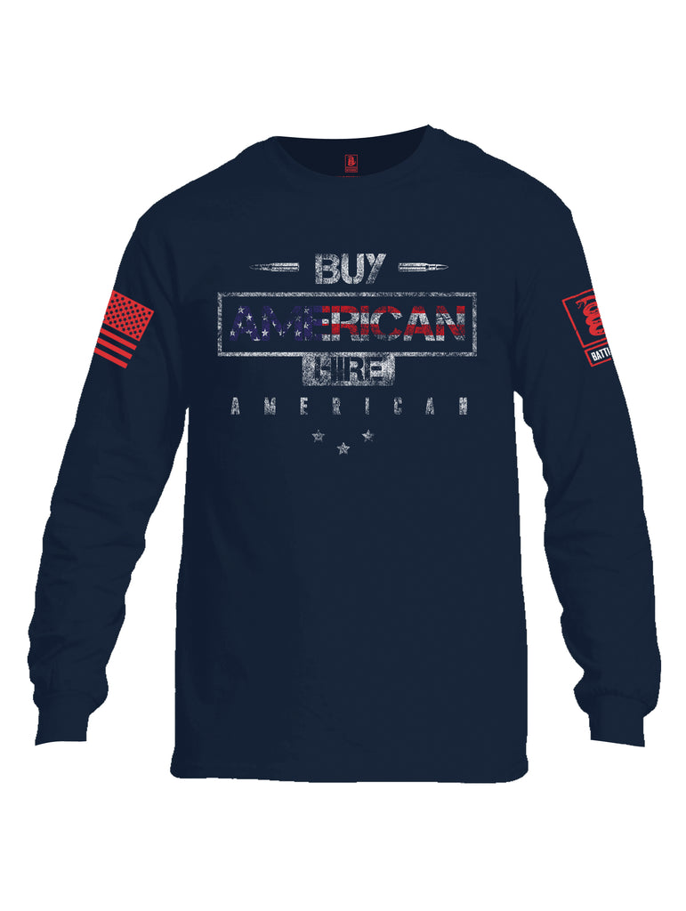 Battleraddle Buy American Hire American Red Sleeve Print Mens Cotton Long Sleeve Crew Neck T Shirt