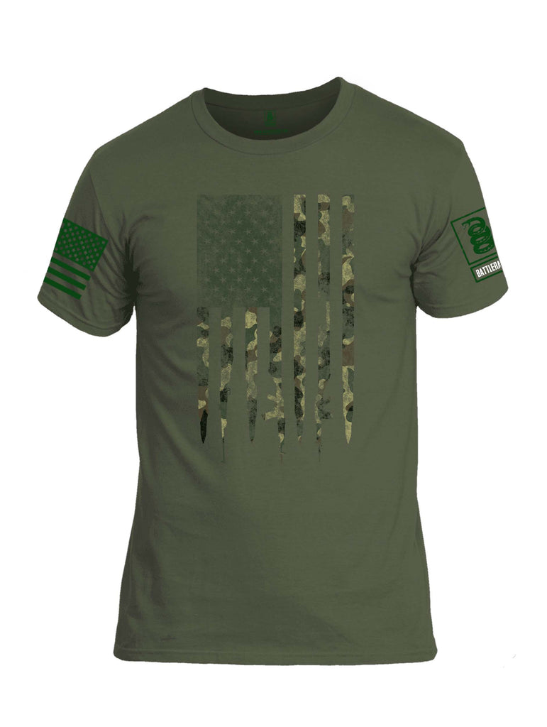 Battleraddle Camo Gun And Bullet Flag Regular Stars Dark Green Sleeve Print Mens Cotton Crew Neck T Shirt