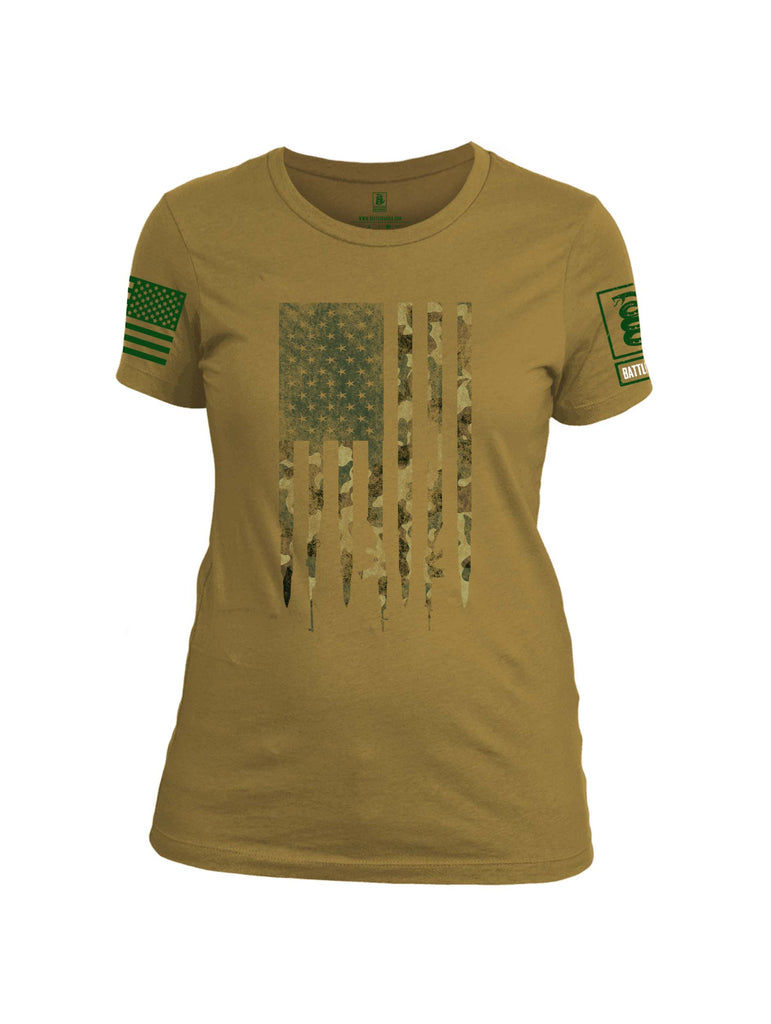 Battleraddle Camo Gun and Bullet Flag Regular Stars Dark Green Sleeve Print Womens Cotton Crew Neck T Shirt