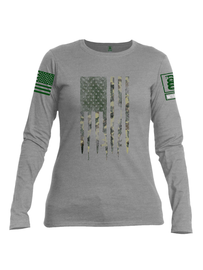 Battleraddle Camo Gun and Bullet Flag Regular Stars Dark Green Sleeve Print Womens Cotton Long Sleeve Crew Neck T Shirt
