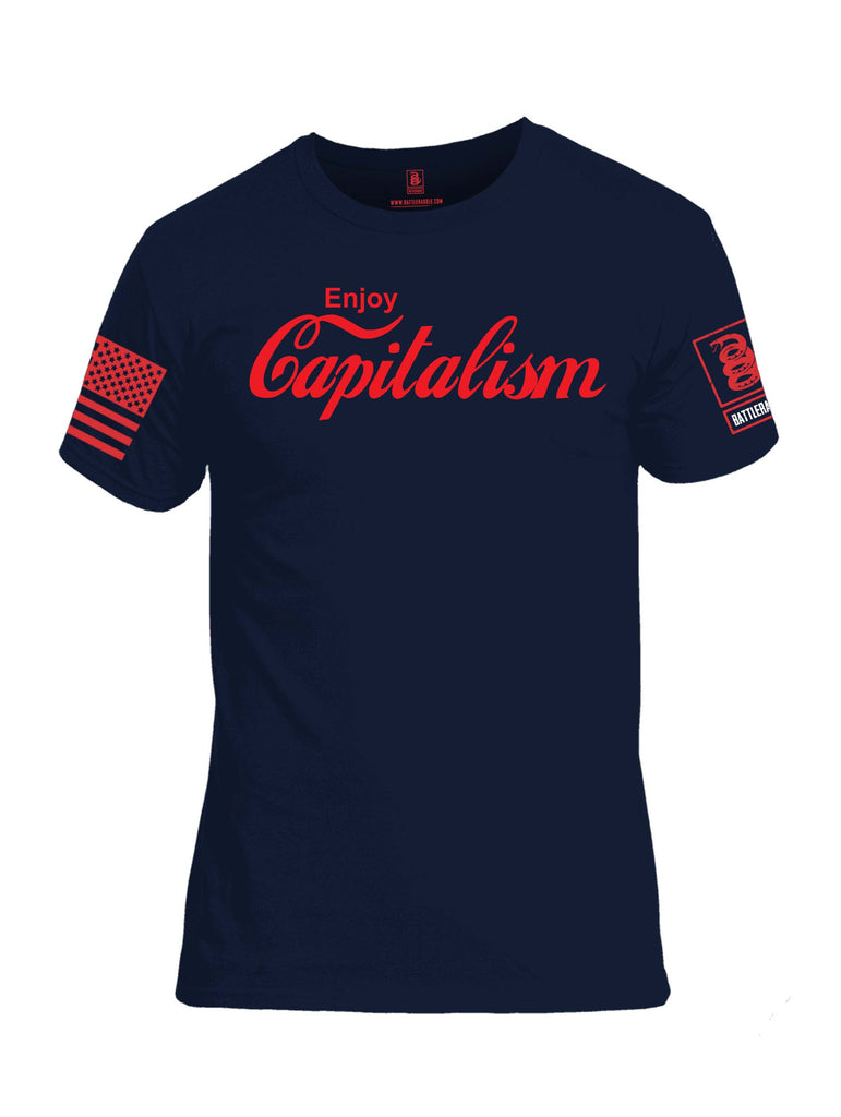 Battleraddle Enjoy Capitalism Red Sleeve Print Mens Cotton Crew Neck T Shirt