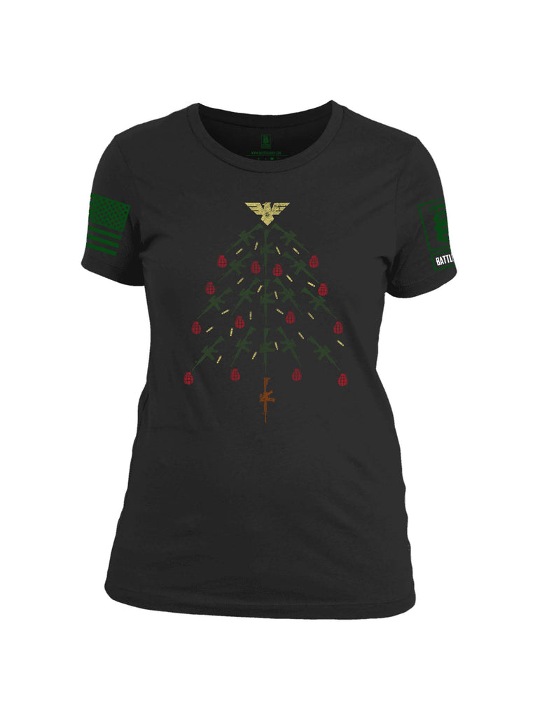 Battleraddle Christmas Rifle Tree Bomb Green Sleeve Print Womens Cotton Crew Neck T Shirt