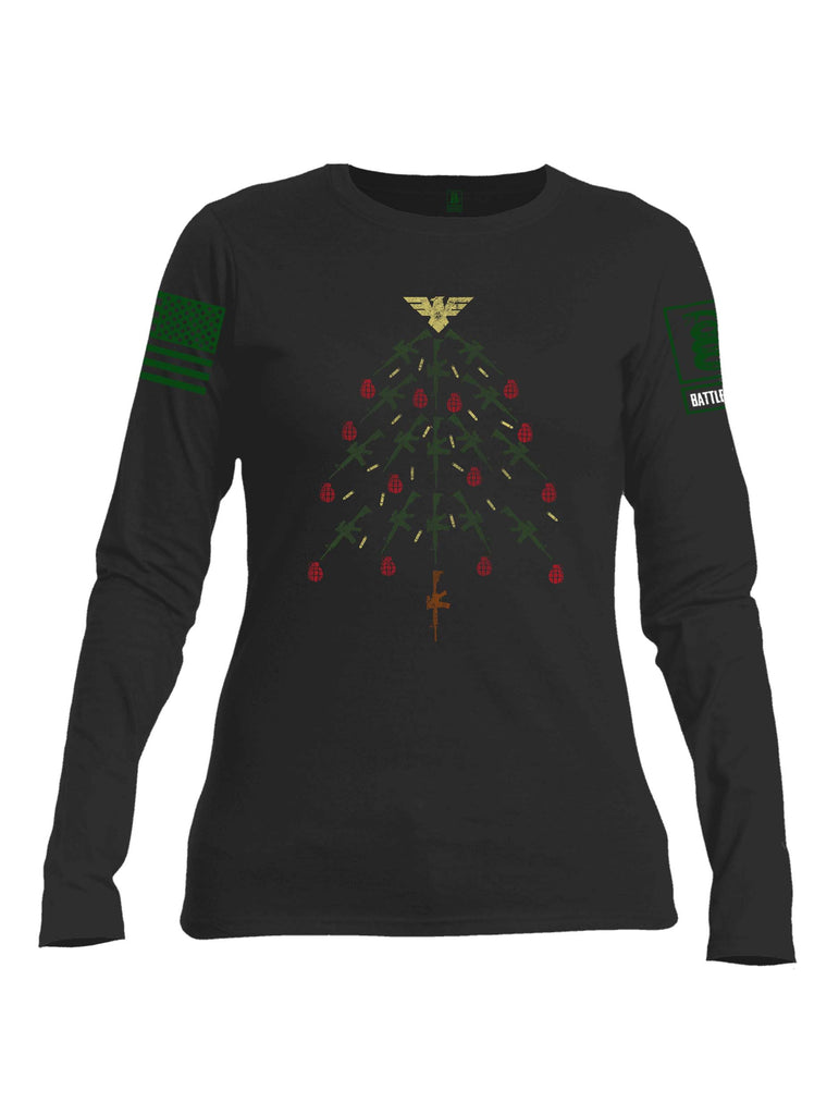 Battleraddle Christmas Rifle Tree Bomb Green Sleeve Print Womens Cotton Long Sleeve Crew Neck T Shirt