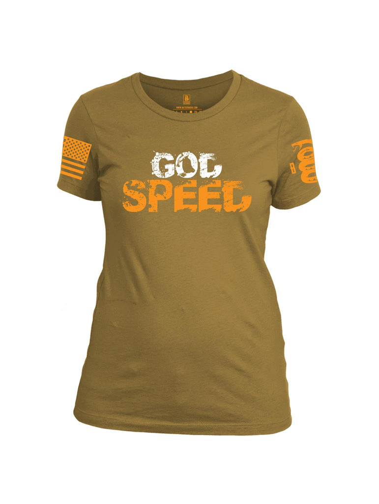 Battleraddle God Speed Orange Sleeve Print Womens Cotton Crew Neck T Shirt