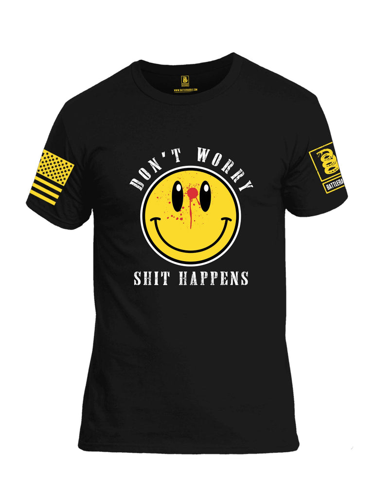 Battleraddle Dont Worry Shit Happens Yellow Sleeve Print Mens Cotton Crew Neck T Shirt