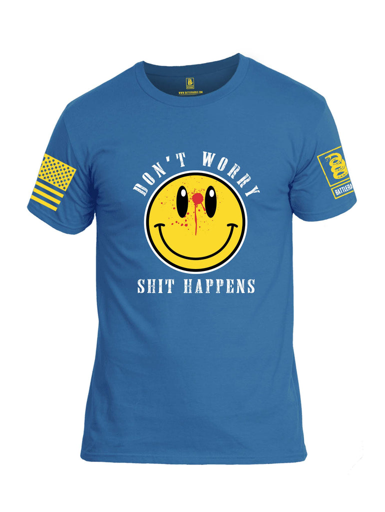 Battleraddle Dont Worry Shit Happens Yellow Sleeve Print Mens Cotton Crew Neck T Shirt