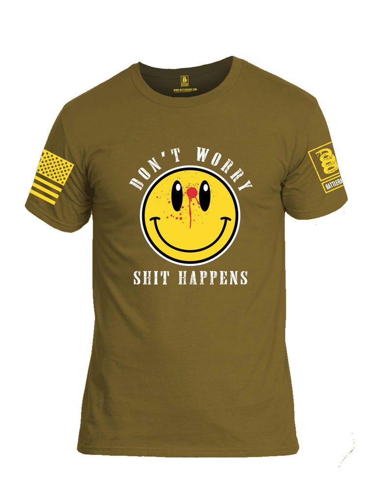 Battleraddle Dont Worry Shit Happens Yellow Sleeve Print Mens Cotton Crew Neck T Shirt