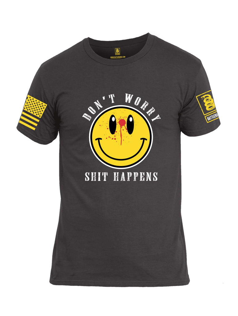 Battleraddle Dont Worry Shit Happens Yellow Sleeve Print Mens Cotton Crew Neck T Shirt