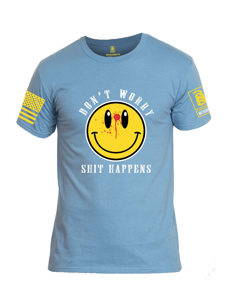 Battleraddle Dont Worry Shit Happens Yellow Sleeve Print Mens Cotton Crew Neck T Shirt