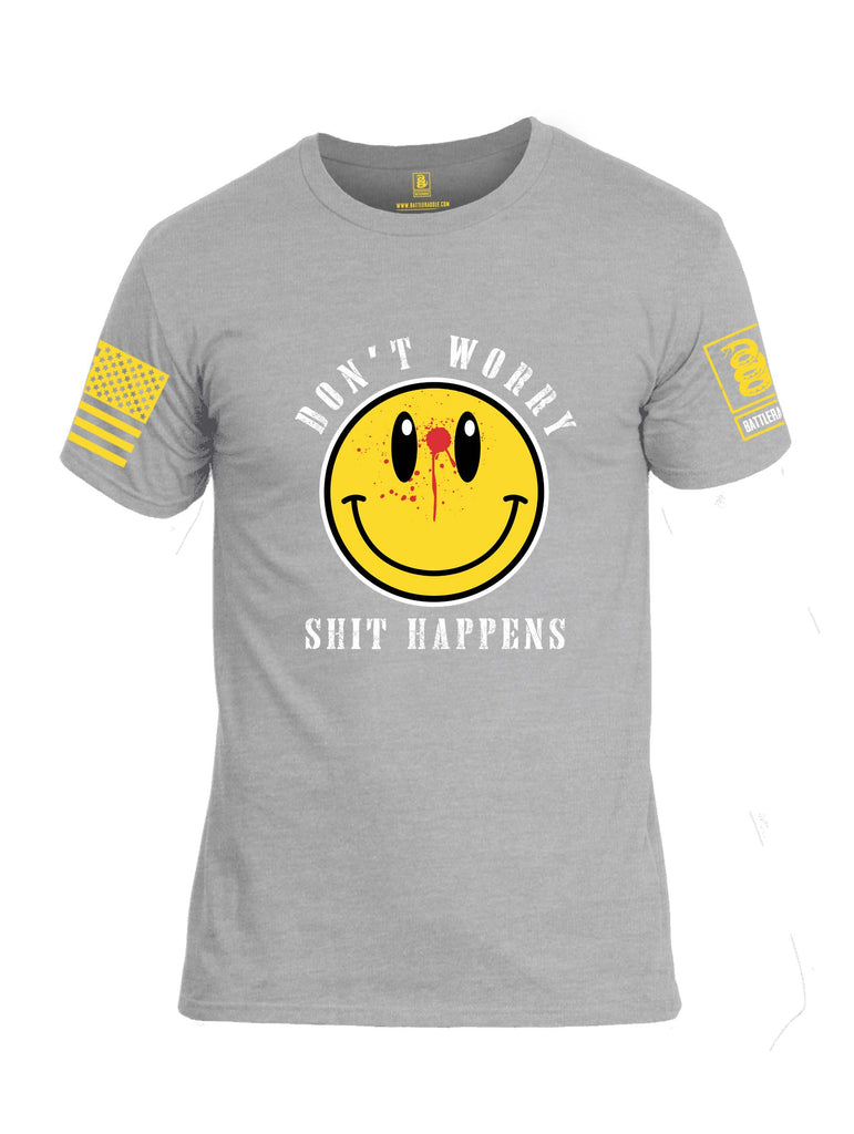 Battleraddle Dont Worry Shit Happens Yellow Sleeve Print Mens Cotton Crew Neck T Shirt