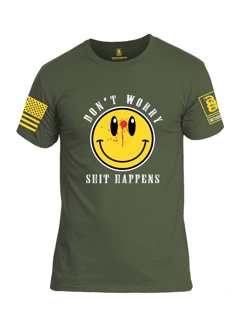 Battleraddle Dont Worry Shit Happens Yellow Sleeve Print Mens Cotton Crew Neck T Shirt