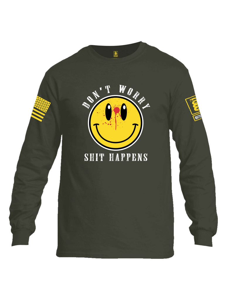 Battleraddle Dont Worry Shit Happens Yellow Sleeve Print Mens Cotton Long Sleeve Crew Neck T Shirt