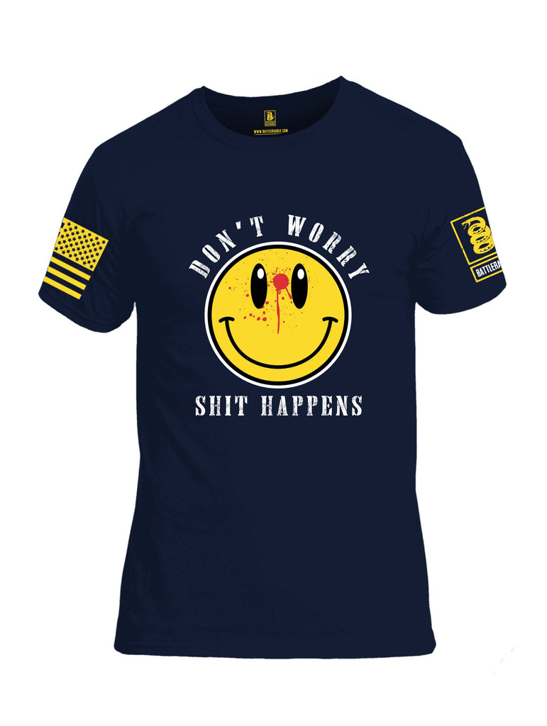 Battleraddle Dont Worry Shit Happens Yellow Sleeve Print Mens Cotton Crew Neck T Shirt