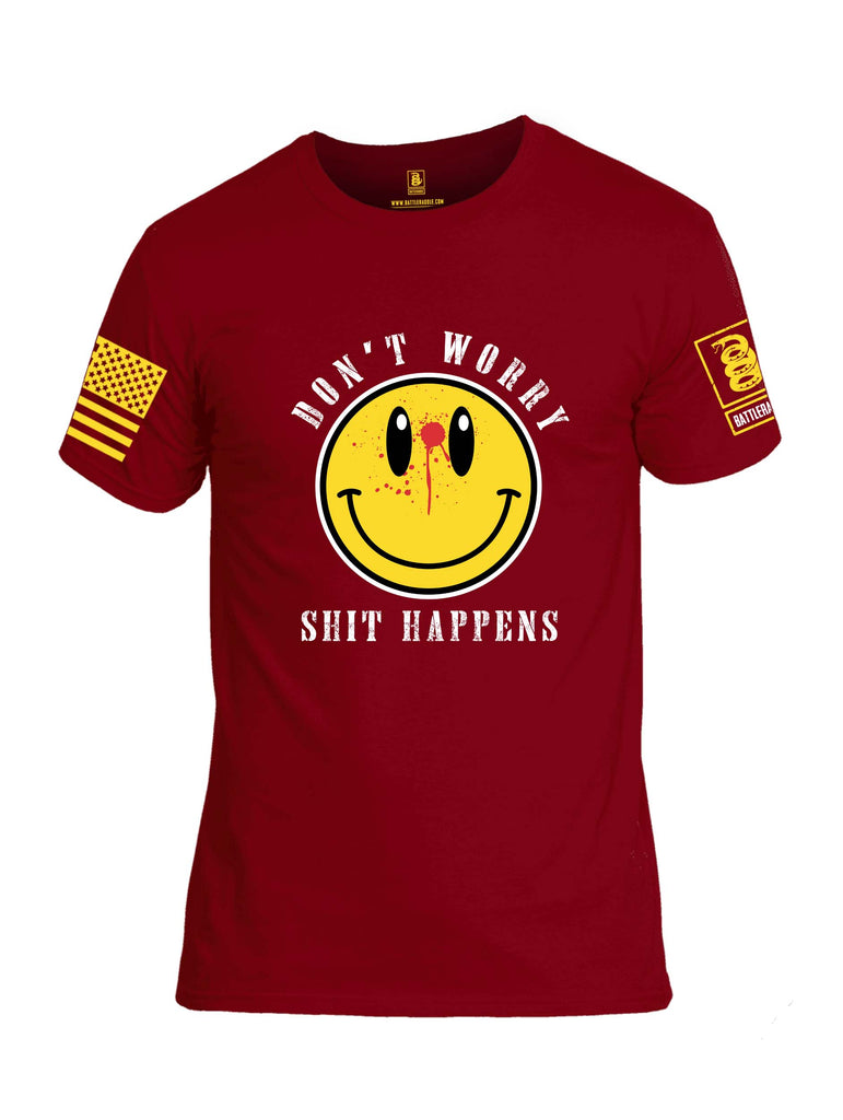 Battleraddle Dont Worry Shit Happens Yellow Sleeve Print Mens Cotton Crew Neck T Shirt