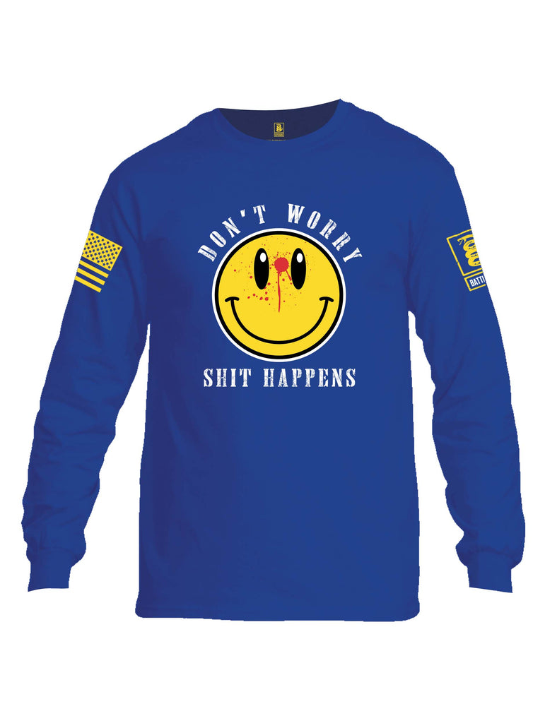 Battleraddle Dont Worry Shit Happens Yellow Sleeve Print Mens Cotton Long Sleeve Crew Neck T Shirt