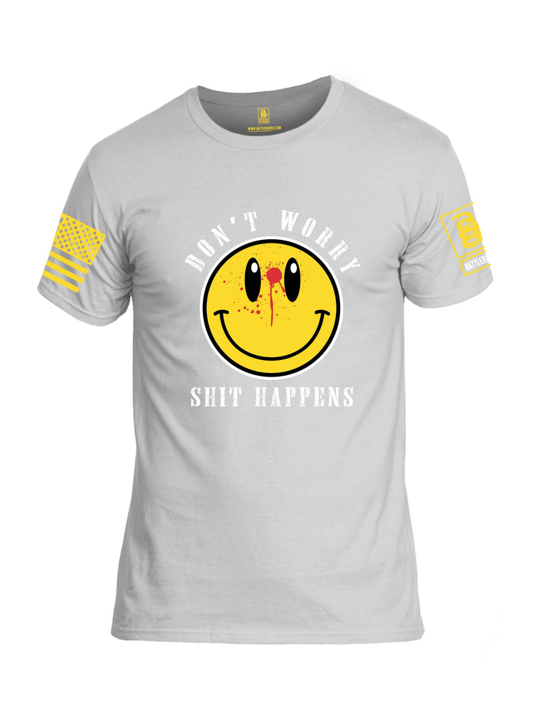 Battleraddle Dont Worry Shit Happens Yellow Sleeve Print Mens Cotton Crew Neck T Shirt