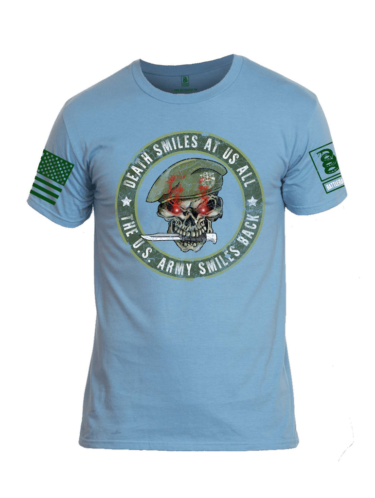 Battleraddle Death Smiles At Us All The Army Smiles Back Green Sleeve Print Mens Cotton Crew Neck T Shirt