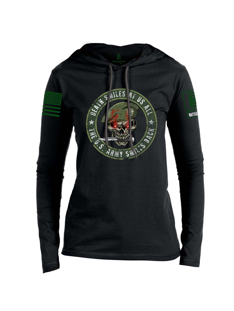 Battleraddle Death Smiles At Us All The US Army Smiles Back Green Sleeve Print Womens Thin Cotton Lightweight Hoodie
