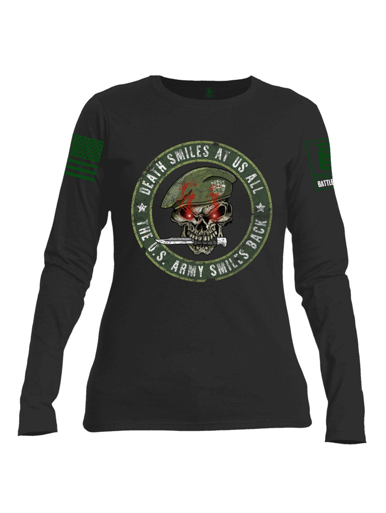 Battleraddle Death Smiles At Us All The US Army Smiles Back Green Sleeve Print Womens Cotton Long Sleeve Crew Neck T Shirt