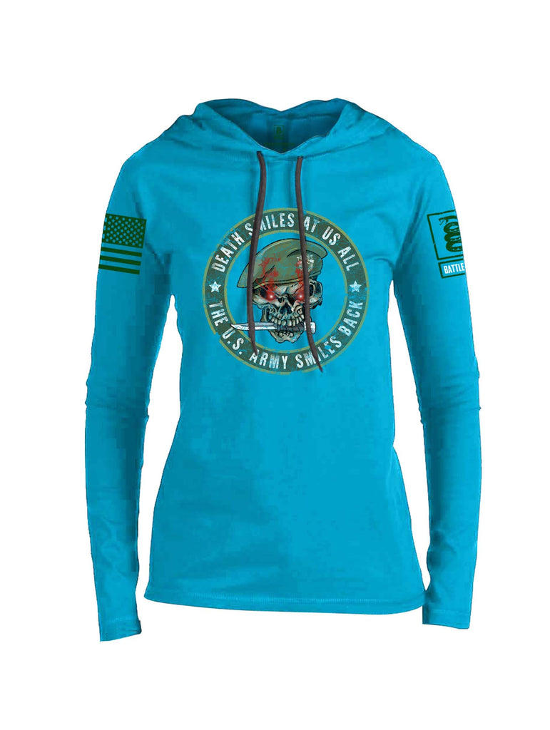 Battleraddle Death Smiles At Us All The US Army Smiles Back Green Sleeve Print Womens Thin Cotton Lightweight Hoodie