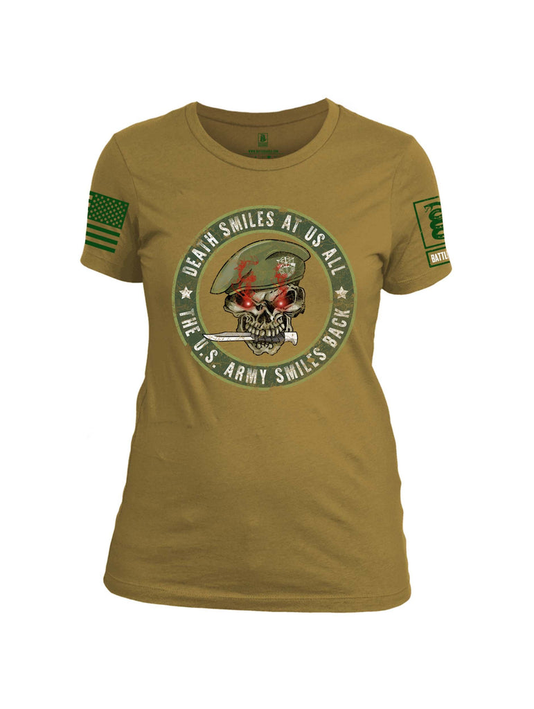 Battleraddle Death Smiles At Us All The US Army Smiles Back Green Sleeve Print Womens Cotton Crew Neck T Shirt