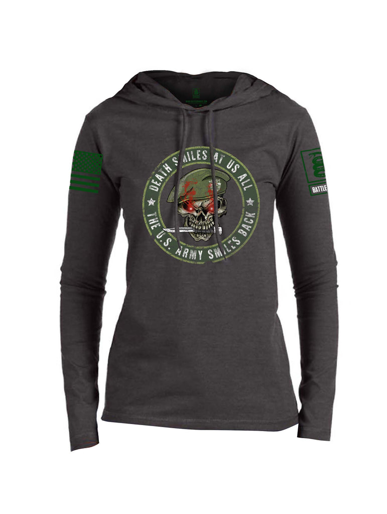 Battleraddle Death Smiles At Us All The US Army Smiles Back Green Sleeve Print Womens Thin Cotton Lightweight Hoodie