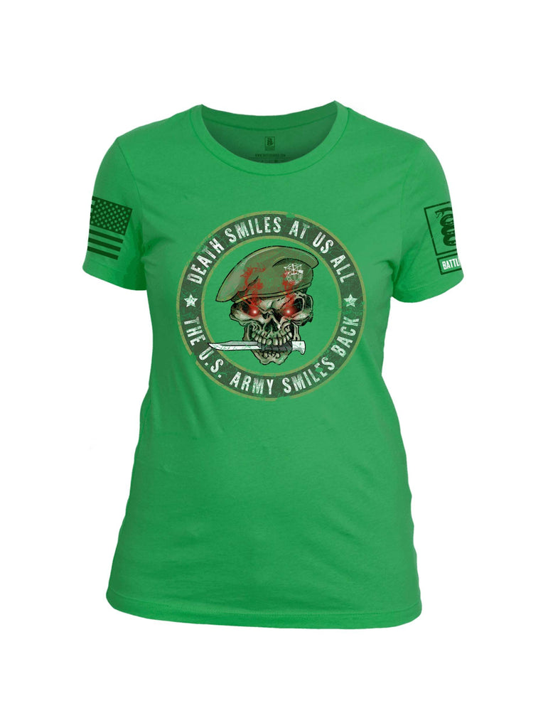 Battleraddle Death Smiles At Us All The US Army Smiles Back Green Sleeve Print Womens Cotton Crew Neck T Shirt