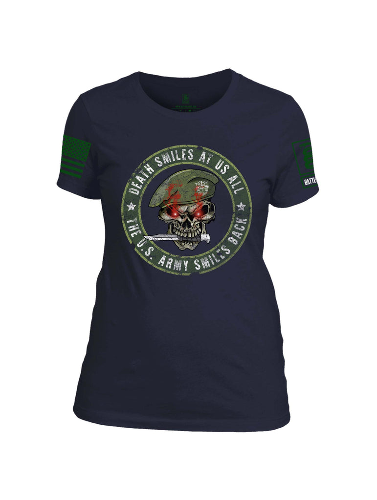 Battleraddle Death Smiles At Us All The US Army Smiles Back Green Sleeve Print Womens Cotton Crew Neck T Shirt