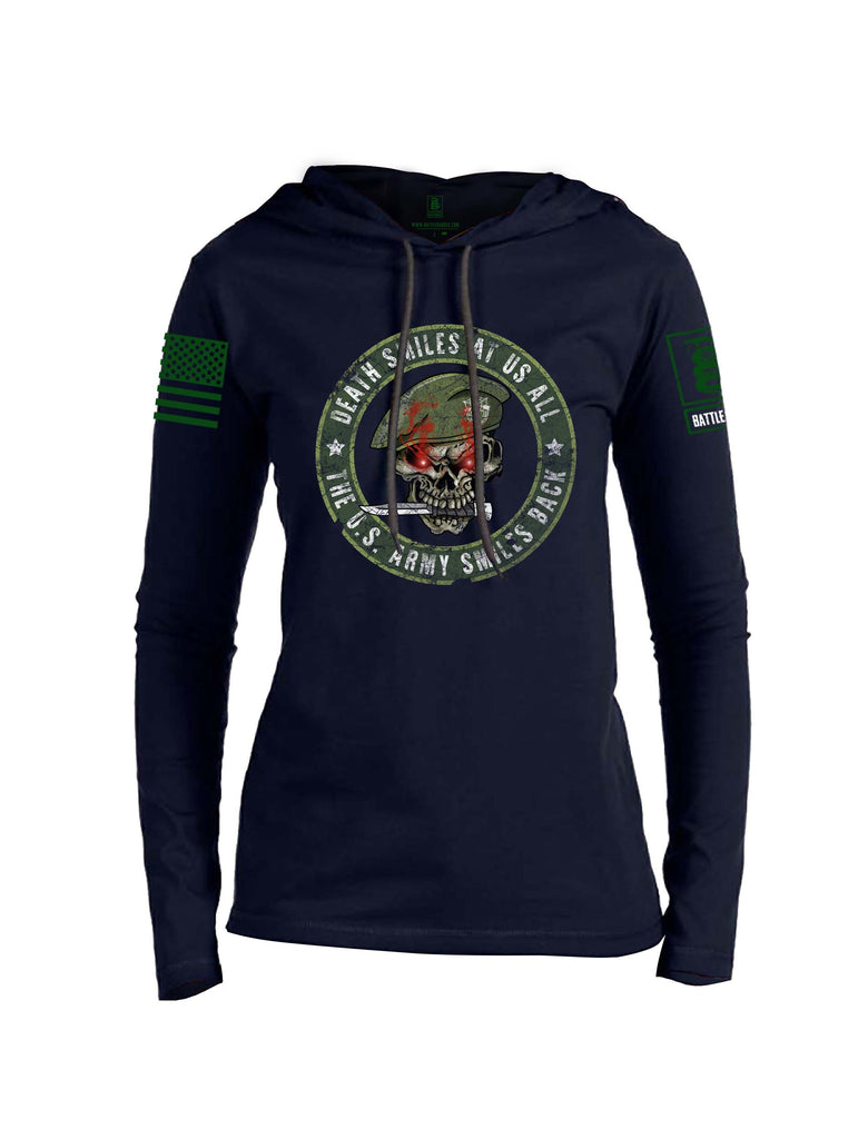 Battleraddle Death Smiles At Us All The US Army Smiles Back Green Sleeve Print Womens Thin Cotton Lightweight Hoodie
